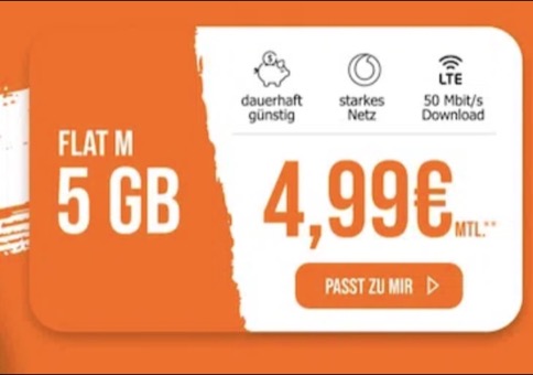 🔥 Vodafone 5GB LTE inkl. Allnet-Flat (!) für nur 4,99€ mtl.